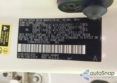 2012 Toyota Highlander Se V6 z USA, uszkodzony, nr VIN 5TDBK3EH3CS135784